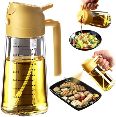 TrendPlain 16oz/470ml Glass Olive Oil Sprayer for Cooking – 2 in 1 Olive Oil Dispenser Bottle for Kitchen Gadgets and Air Fryer Accessories, Salad, BBQ - Yellow by TrendPlain
