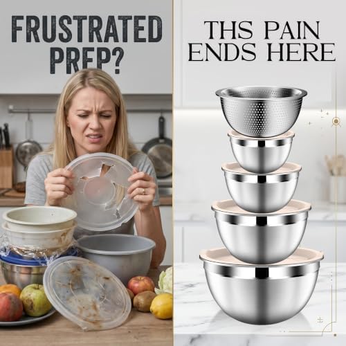 DUTZUN Stainles Steel Mixing Bowls with Lids Set, Stackable Metal Mixing & Serving Bowl with Strainer, 5-Piece - Beige - Image 7