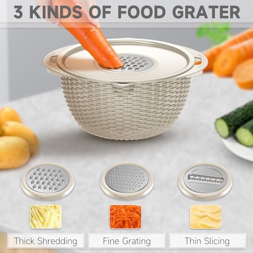 4-1 Colander with Bowl & Spoons Set - Rotatable Colander for kitchen with New Upgraded Graters, Food Strainer(Patented) for Pasta, Fruits, Vegetables, Funny Presents for Women, Beige - Image 3