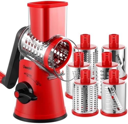 Geedel Rotary Cheese Grater Vegetable Shredder With 6 Interchangeable Blades No Slip Suction Base, Mandoline Slicer & Food Chopper for Cheese, Ice, Nuts, Vegetables, Veggie by Geedel