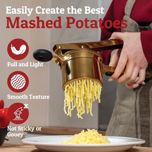 PriorityChef Large 15oz Potato Ricer, Heavy Duty Stainless Steel Potato Masher and Ricer Kitchen Tool, Press and Mash Kitchen Gadget For Perfect Mashed Potatoes - Everytime, Gold and Black - Image 6