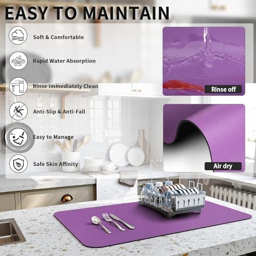 HotLive Dish Drying Mat for Kitchen Counter, Heat Resistant Drainer Mats with Non-slip Rubber Backed, Hide Stain Kitchen Super Absorbent Draining Mat, Easy to Clean Dish Rack Pad, Purple 18"x28" - Image 4