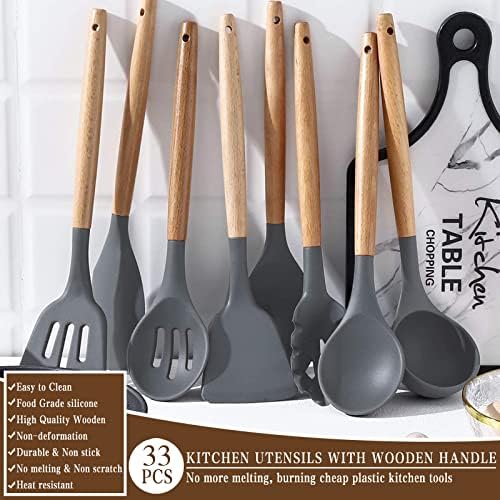 Umite Chef Kitchen Cooking Utensils Set, 33 pcs Non-stick Silicone Spatula Set with Holder, Woodle Handle Heat Resistant Gadgets Utensil (Gray) - Image 6