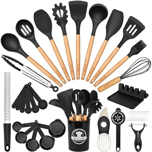 Astercook 39 PCS Kitchen Utensils Set, Silicone Cooking Utensil Sets with Wooden Handle, 446°F Heat Resistant Food Grade Spatula Set, BPA Free Kitchen Gadgets Tools Set & Spoons for Nonstick Cookware by Astercook