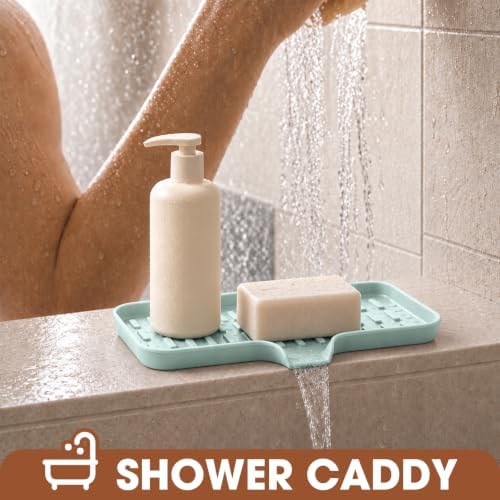CAKETIME 2 Pack Silicone Soap Dish with Drain Spout for Bathroom Shower Caddy Kitchen Counter Sponge Holder Bar Sink Organizer Suction Cup Dispenser Shampoo Hanging Tools Storage New Green Medium - Image 2