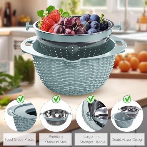 4-1 Strainer with Bowl & Spoons Set - Strainers and Colanders(Patented) - Colanders for kitchen - Food Strainer with New Upgraded Graters & Spoons - Fruit Bowl for Pasta Fruits Veggie- Blue - Image 6