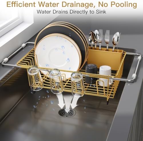 JASIWAY Gold Dish Drying Rack in Sink, Dish Drainer with Utensil Holder - Image 6