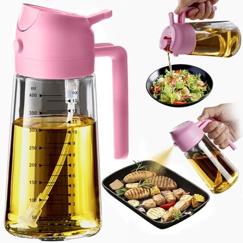 TrendPlain 16oz/470ml Glass Olive Oil Sprayer for Cooking - 2 in 1 Olive Oil Dispenser for Kitchen Gadgets, Air Fryer, Salad, and BBQ - Bubblegum by TrendPlain