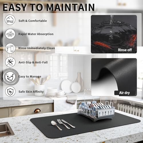 HotLive Dish Drying Mat for Kitchen Counter, Heat Resistant Drainer Mats with Non-slip Rubber Backed, Hide Stain Kitchen Super Absorbent Draining Mat, Easy to Clean Dish Rack Pad, Black 18"x28" - Image 4