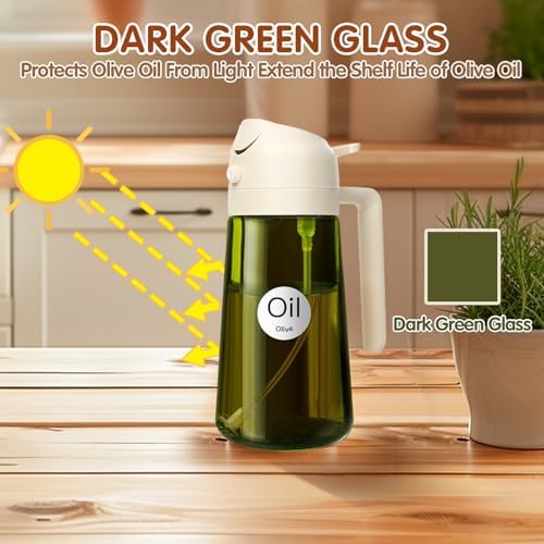 YARRAMATE 2PCS 16oz/470ml Oil Sprayer for Cooking with Stickers, Food-Grade 2 in 1 Olive Oil Dispenser Bottle for Kitchen, Premium Dark Green Glass Oil Bottle for Air Fryer, BBQ(White & Orange) - Image 2