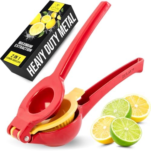 Zulay Kitchen Metal 2-in-1 Lemon Squeezer - Sturdy Max Extraction Hand Juicer Lemon Squeezer Gets Every Last Drop - Easy to Clean Manual Citrus Juicer - Easy-Use Lemon Juicer Squeezer - Red/Yellow by ZulayKitchen
