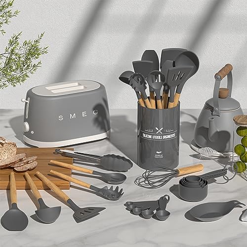 Umite Chef Kitchen Cooking Utensils Set, 33 pcs Non-stick Silicone Spatula Set with Holder, Woodle Handle Heat Resistant Gadgets Utensil (Gray) - Image 2