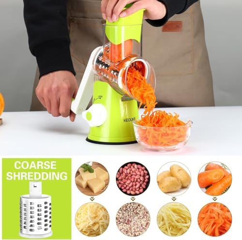 Cambom Rotary Cheese Grater Hand Crank Cheese Shredder for Fresh Cheese, Vegetable, Nuts,Non-slip Suction Base，Three Blades,Green - Image 3
