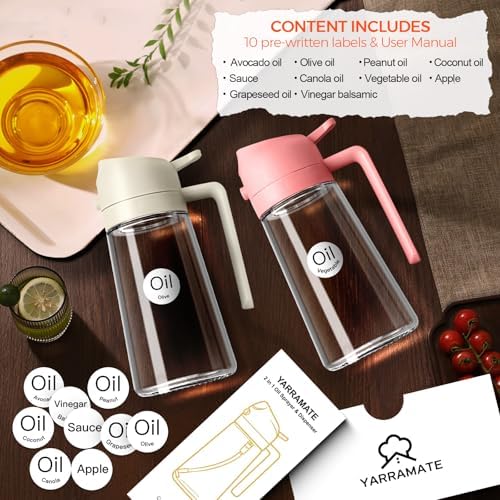 YARRAMATE 2Pcs 16oz/470ml 2 in 1 Oil Sprayer for Cooking with Stickers, Food-grade Glass Oil Spray Bottle, Oil Dispenser and Oil Sprayer for Kitchen, Salad, Frying, BBQ (White & Green) - Image 2