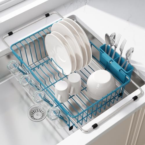 JASIWAY Blue Dish Drying Rack in Sink, Dish Drainer with Utensil Holder by JASIWAY