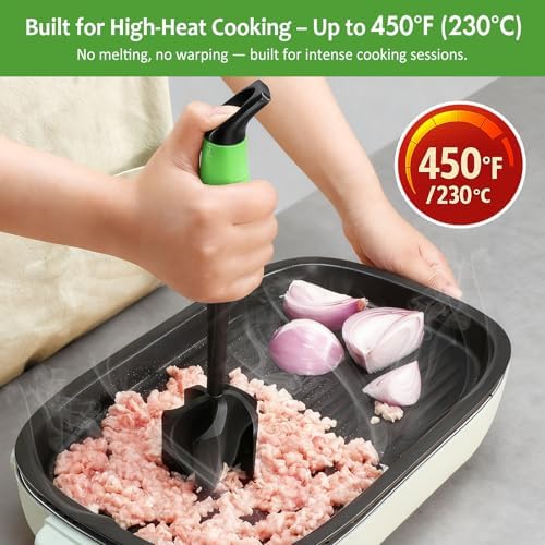 Ourokhome Meat Chopper and Potato Masher, Heat Resistant Nylon Ground Beef Smasher for Hamburger, 5 Curved Blades Nonstick Safe Mixer & Stirrer, Practical Kitchen Gadgets, Green - Image 3