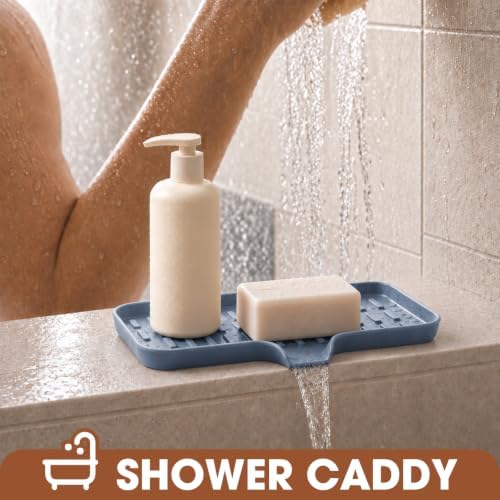 CAKETIME 2 Pack Silicone Soap Dish with Drain Spout for Bathroom Shower Caddy Kitchen Counter Sponge Holder Bar Sink Organizer Tray Container Drying Accessories Small Case Saver Box Stuff Blue Medium - Image 2
