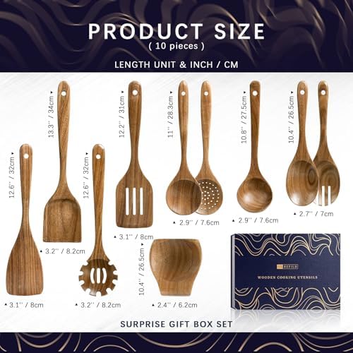 Wooden Spoons for Cooking, 10-Piece Acacia Wood Utensil Gift Set - Image 2