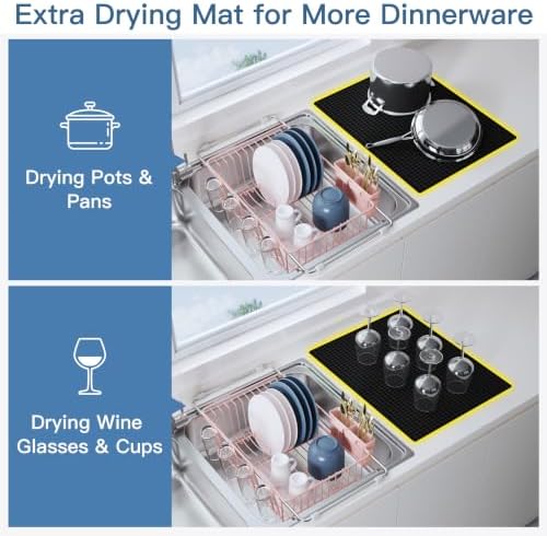 JASIWAY Pink Dish Drying Rack in Sink with Mat, Cups and Utensil Holder - Image 3