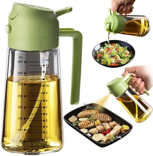 TrendPlain 16oz/470ml Glass Olive Oil Sprayer for Cooking – 2 in 1 Olive Oil Dispenser Bottle for Kitchen Gadgets and Air Fryer Accessories, Salad, BBQ - Green by TrendPlain