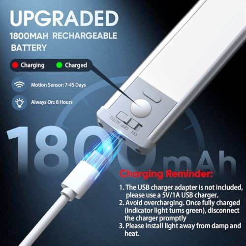 MCGOR 10inch Under Cabinet Lighting, 2 Pack Rechargeable Motion Sensor Light Indoor, 5 Levels Dimmable Magnetic Closet Lights, Wireless Under Counter Lights for Kitchen, Stairs - Image 5