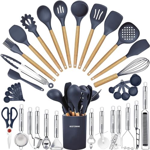 Cooking Utensils Set- 35 PCs Kitchen Utensils with Grater,Tongs, Spoon Spatula &Turner Made of Heat Resistant Food Grade Silicone and Wooden Handles Kitchen Gadgets Tools Set for Cookware by BESTZMWK