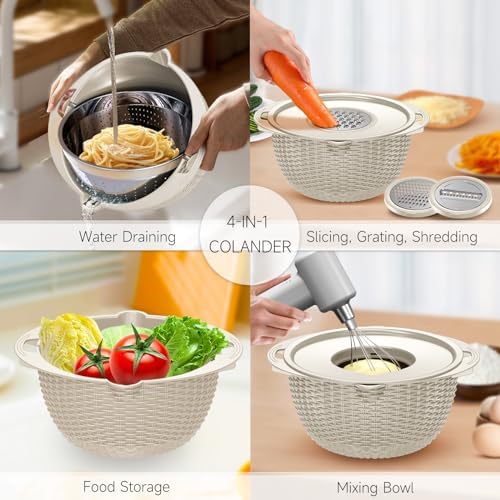 4-1 Colander with Bowl & Spoons Set - Rotatable Colander for kitchen with New Upgraded Graters, Food Strainer(Patented) for Pasta, Fruits, Vegetables, Funny Presents for Women, Beige - Image 2