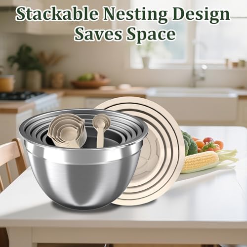 Mixing Bowls with Lids Set, 16PCS Stainless Steel Mixing Bowls,Nesting Storage Bowls for Kitchen with Mixing Bowls Set, Colander, Strainer & Grater , Metal Salad Bowl for Kitchen Gadgets , Cream - Image 7