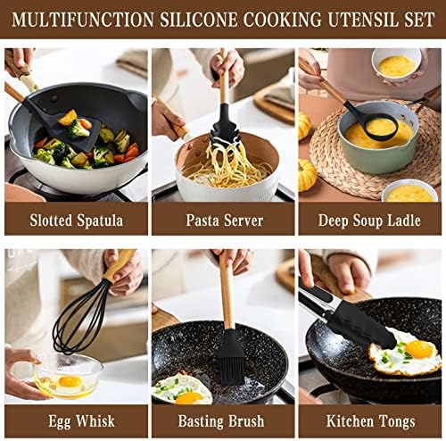 Umite Chef Kitchen Cooking Utensils Set, 33 pcs Non-Stick Silicone Cooking Kitchen Spatula Set with Holder, Wooden Handle Silicone Kitchen Gadgets Utensil Set (Black) - Image 3