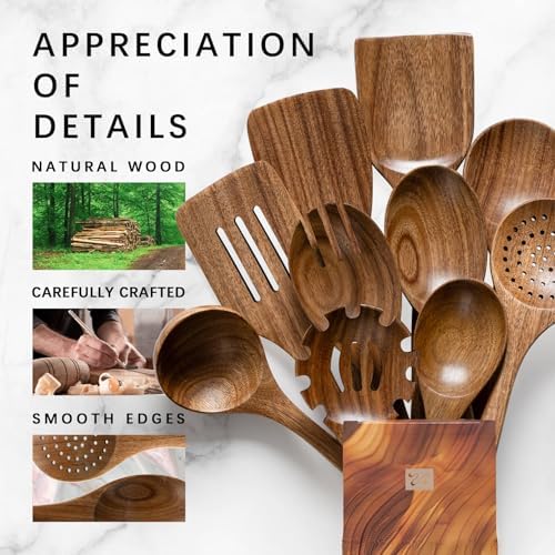 Wooden Spoons for Cooking, 10-Piece Acacia Wood Cooking Utensil Set - Image 4
