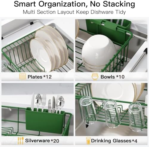 JASIWAY Green Dish Drying Rack in Sink, Dish Drainer with Utensil Holder - Image 7