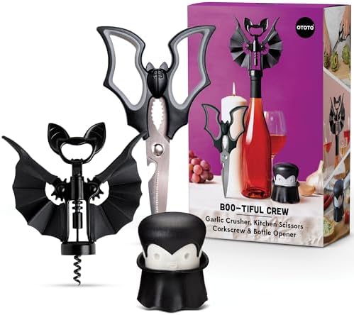 OTOTO Boo-tiful Crew Bundle of Elizabat, Vino, Gracula - Halloween Kitchen Decor Goth Accessories, Cool Kitchen Gadgets, Bat Scissors, Spooky, Witchy Bottle Opener, Garlic Crusher, Spooky Funny Gifts by OTOTO
