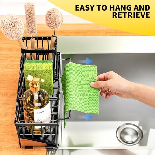 Cisily Kitchen Sink Caddy Organizer with High Brush Holder, Sponge Holder for Sink, 304 Rustproof Stainless Steel, Countertop Soap Dispenser Organizer, Black with Towel Rack, 9.25 - Image 2