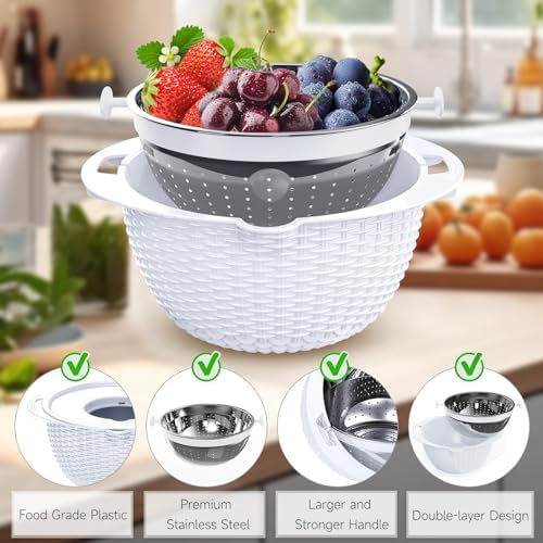 4-1 Strainer with Bowl Set - Rotatable Colander for Kitchen(Patented) - Strainers and Colanders - Pasta Strainer with New Upgraded Graters for Fruit Veggie Fun Kitchen Presents - White - Image 6