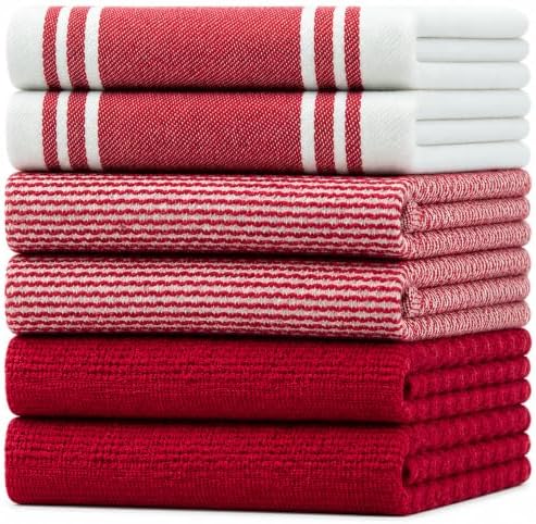 Premium Kitchen Towels 6 Pack 100% Cotton 20"x28" Dish Towels - Red Wide by BumbleTowels