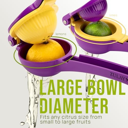Zulay Kitchen Metal 2-in-1 Lemon Squeezer - Sturdy Max Extraction Hand Juicer Lemon Squeezer Gets Every Last Drop - Easy to Clean Manual Citrus Juicer - Easy-Use Lemon Juicer Squeezer - Purple/Yellow - Image 2