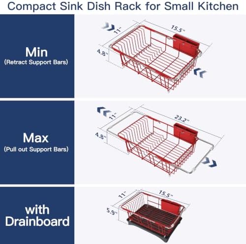 JASIWAY Red Dish Drying Rack in Sink with Drainboard and Utensil Holder - Image 5