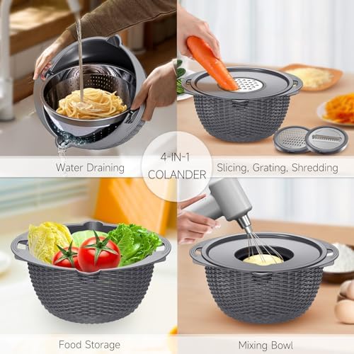 4-1 Colander with Lid Set - Rotatable Strainer With Bowl(Patented), Pasta Strainer with New Upgraded Graters, Strainer And Colanders, Fruit Cleaner, Veggie Wash, Apartment Kitchen Gadgets - Grey - Image 2