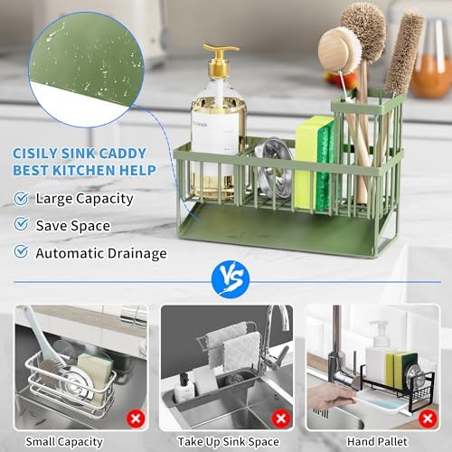 Cisily Kitchen Sink Caddy, Sponge Holder for Kitchen Sink, Kitchen Sink Organzier and Storage with High Brush Holder, 304 Stainless Gadgets Sink Accessories, Organizadores de Cocina Sage Green - Image 2