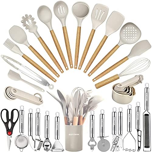 Kitchen Utensils Set- 35 PCs Cooking Utensils with Grater,Tongs, Spoon Spatula &Turner Made of Heat Resistant Food Grade Silicone and Wooden Handles Kitchen Gadgets Tools Set for Nonstick Cookware by BESTZMWK