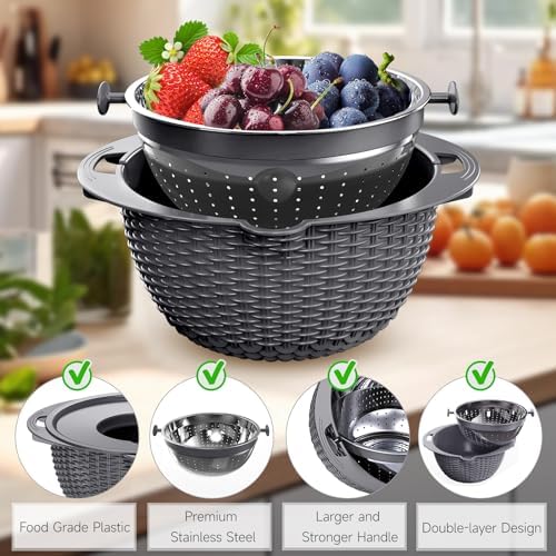4-1 Colander with Lid Set - Rotatable Strainer With Bowl(Patented), Pasta Strainer with New Upgraded Graters, Strainer And Colanders, Fruit Cleaner, Veggie Wash, Apartment Kitchen Gadgets - Grey - Image 6