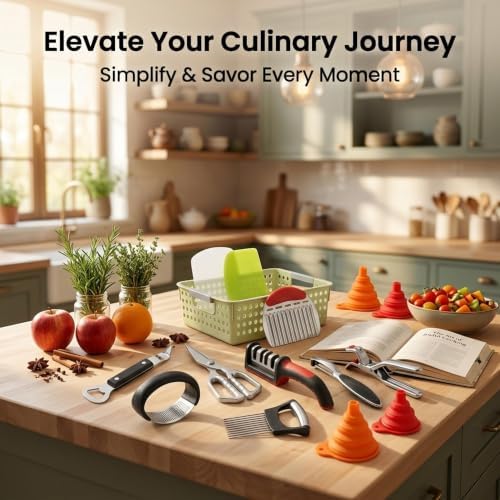 13-Piece Kitchen Gadget Set (Includes Storage Basket) — Features Kitchen Shears, Garlic Press, Knife Sharpener, Julienne Peeler, Standard Peeler, Anti-Scald Tongs (13 PCS) - Image 2