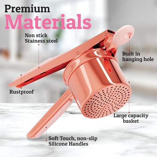 PriorityChef Large 15oz Potato Ricer, Heavy Duty Stainless Steel Potato Masher and Ricer Kitchen Tool, Press and Mash Kitchen Gadget For Perfect Mashed Potatoes - Everytime, Rose Gold and Pink - Image 3