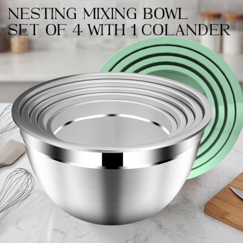 DUTZUN Mixing Bowls with Lids Set, Stainless Steel Mixing Bowl Set with Colander, Strainer with Bowls - Pistachio - Image 4
