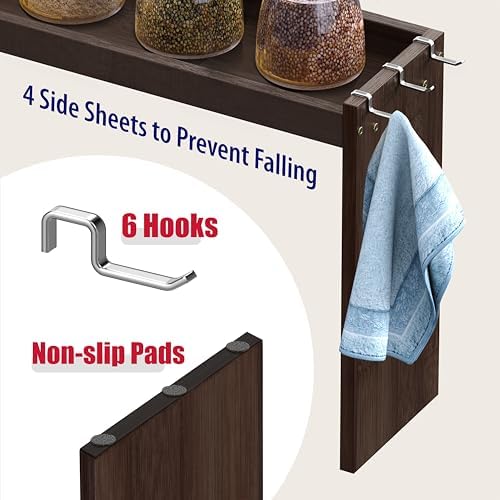 IIIOIIIA Bamboo Over the Stove Spice Rack Organizer Shelf for Kitchen, 31.5" with 6 Hooks, 11.4" Height Extra Storage Countertop, Easy to Assemble, Walnut - Image 7