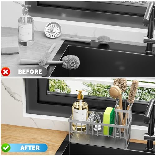 Cisily Sink Caddy Organzier with High Brush Holder, Sponge Holder for Sink, 304 Rustproof Stainless, Kitchen Countertop Soap Dispenser Organizer, Gray Kitchen Decor and Accessories - Image 6