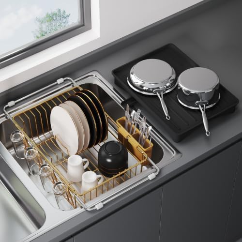 JASIWAY Gold Dish Drying Rack in Sink with Drainboard and Utensil Holder by JASIWAY