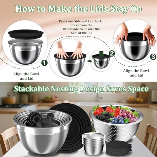 Mixing Bowls with Lids Set, 27Pcs Stainless Steel Nesting Mixing Bowls Set for Kitchen Cooking & Storage, Metal Salad Bowls with Colander, Strainer, Grater & Dressing Containers, Kitchen Gadgets Black - Image 2