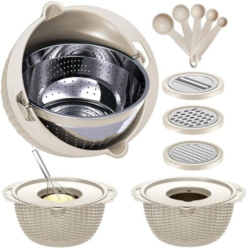 4-1 Colander with Bowl & Spoons Set - Rotatable Colander for kitchen with New Upgraded Graters, Food Strainer(Patented) for Pasta, Fruits, Vegetables, Funny Presents for Women, Beige by Balavina