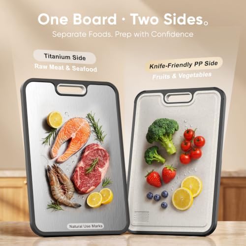 Titanium Cutting Board for Kitchen, Dual-Sided Pure Titanium Surface & Food-Safe PP Chopping Board, Non-Porous, Odor Resistant, Juice Groove, Grinder, Anti-Slip Edges, Easy Clean, 16 x 11 Inch - Image 4
